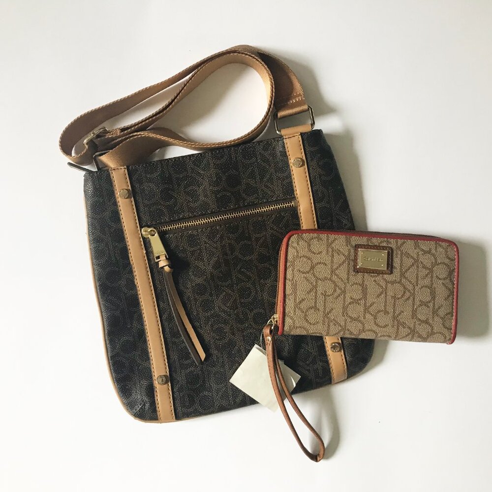 CALVIN KLEIN Signature Crossbody & CALVIN KLEIN Zip-Around Wristlet Wallet LOT